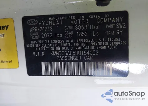 2013 Hyundai Veloster Turbo W/Black z USA, uszkodzony, nr VIN KMHTC6AE5DU154053